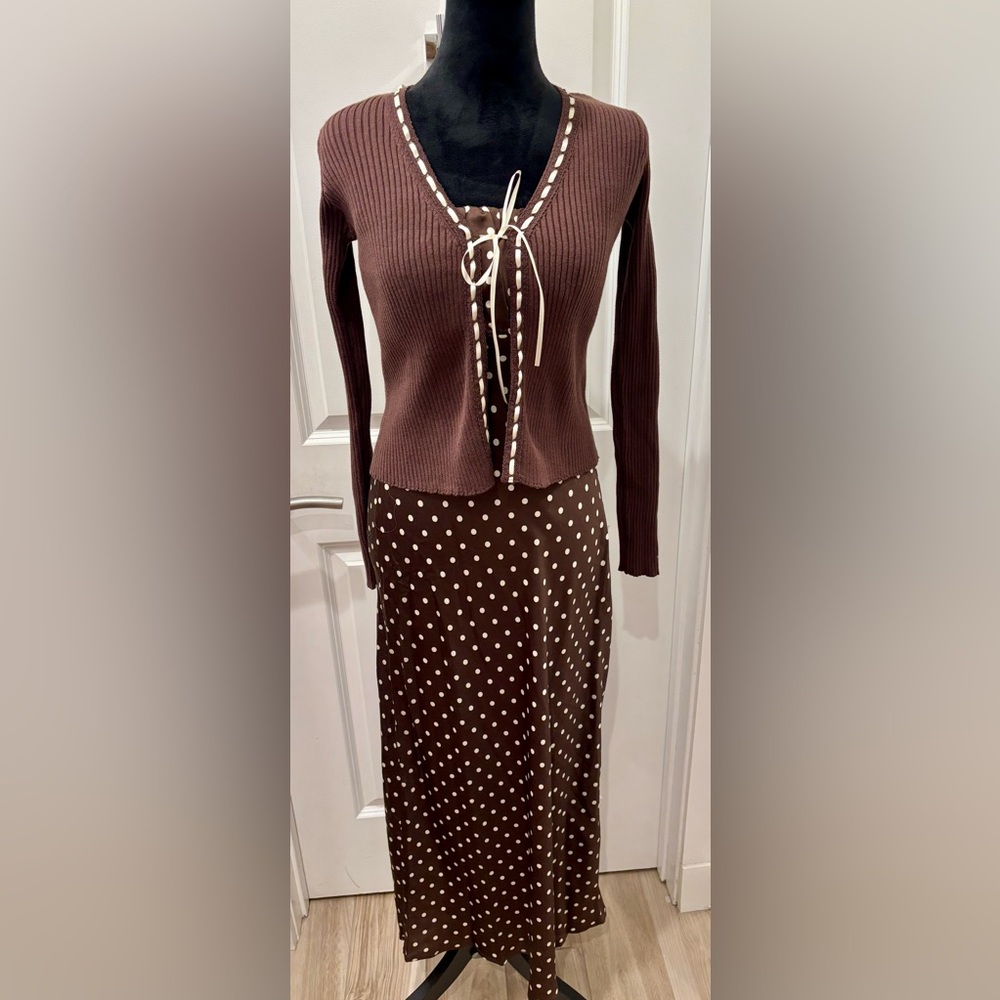 NWT Thirty Thirty Brown & White Polka Dot maxi & sweater set - XS